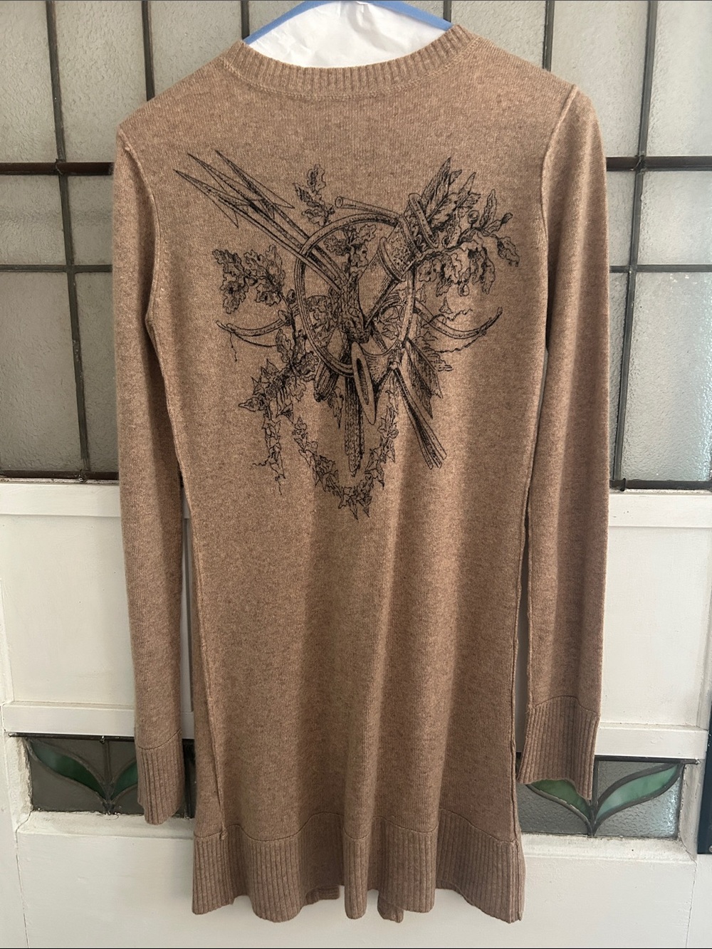 100% cashmere Tan Floral-Graphic Long Sleeve Women's Sweater